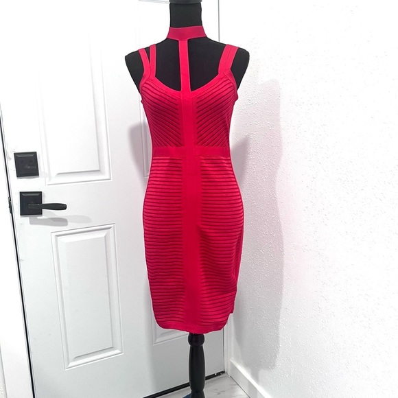Guess Red Bodycon Midi Dress Mock Neck Sleeveless M - Picture 2 of 15